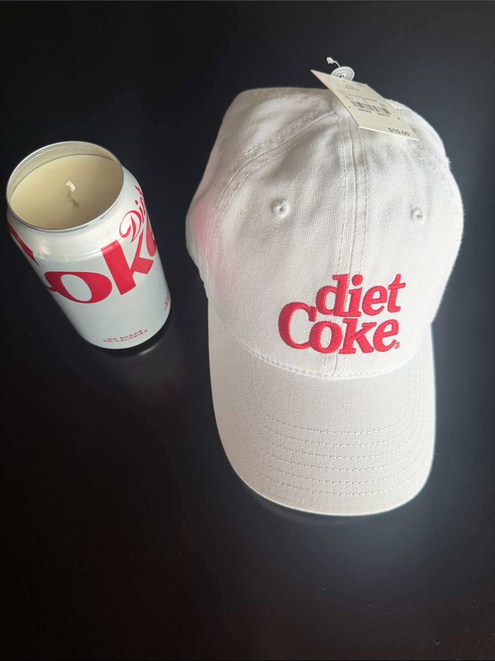 Coca Cola Diet Coke White and Red Baseball Cap and candle